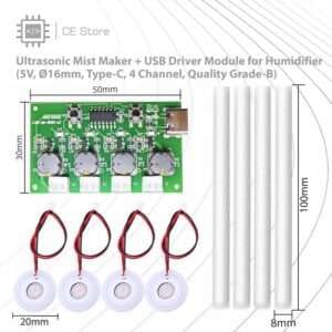 Ultrasonic Mist Maker + USB Driver Module for Humidifier (5V, Ø16mm, Type-C, 4 Channel, Quality Grade-B)
